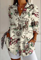 Chemise à la mode avec impression, revers et manches longues pour femme