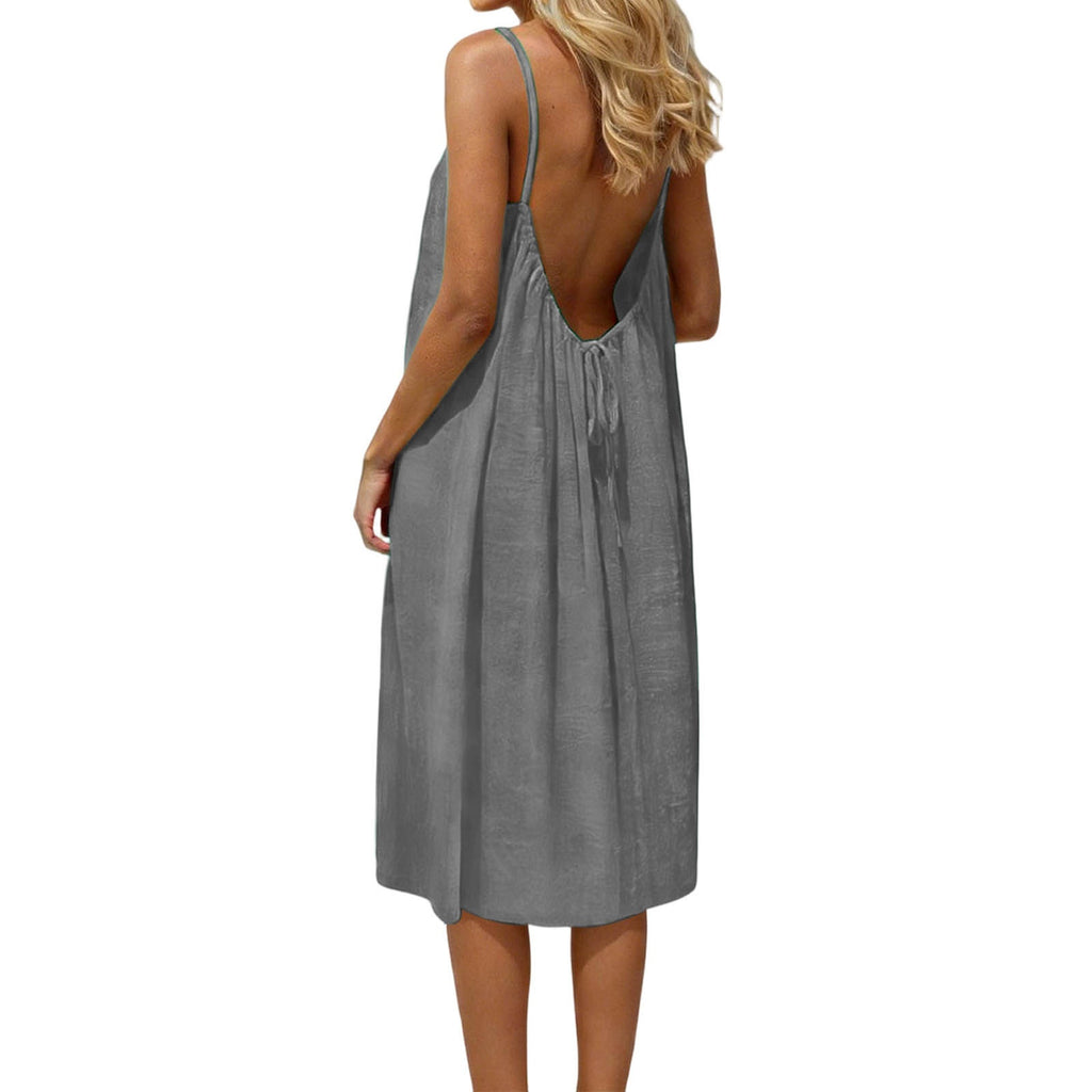 Robe moulante d'été sans manches de couleur unie avec bretelles fines et dos nu pour femme - Tenue décontractée de soirée pour le quotidien et les vacances