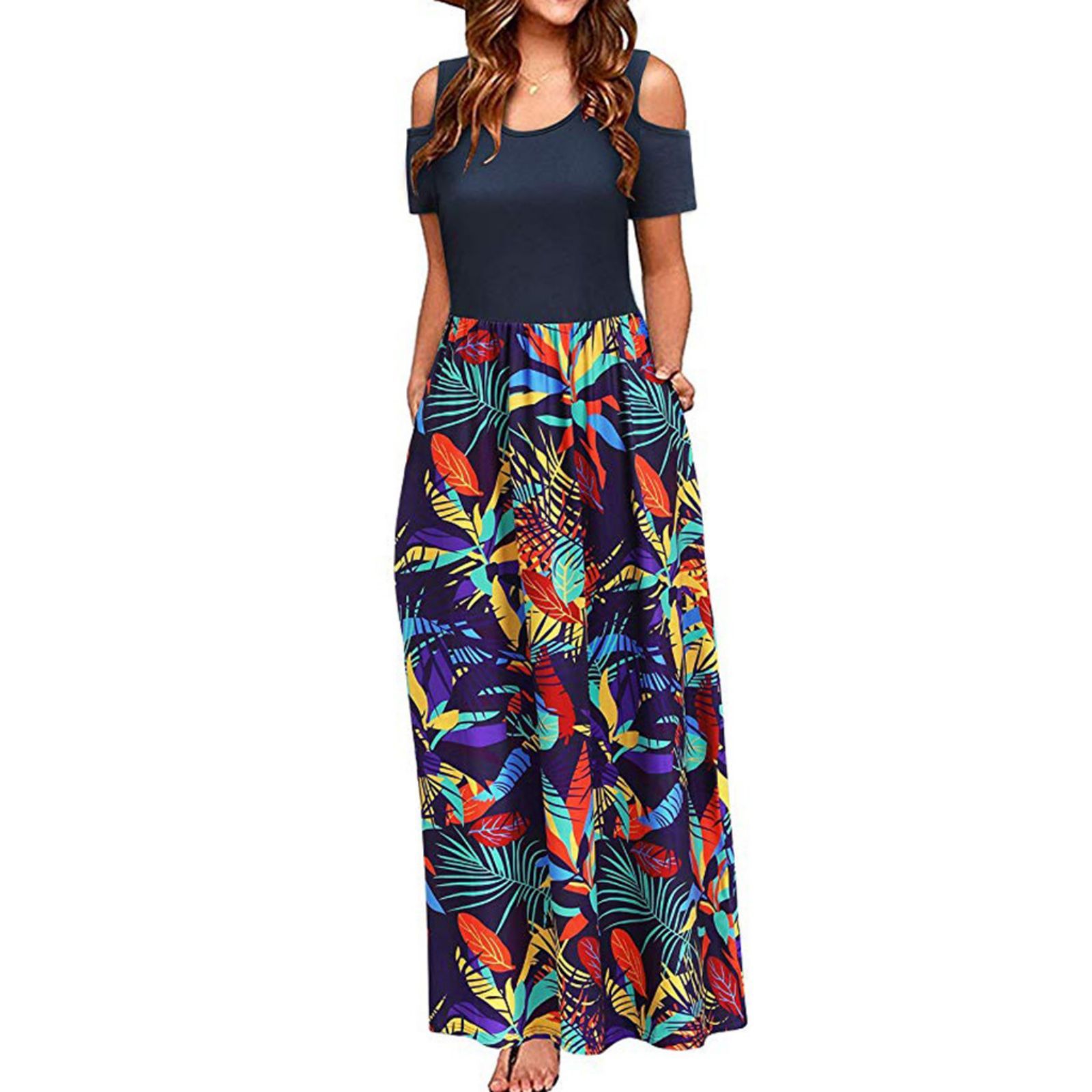 Robe longue à manches courtes imprimé fleurs multicolores