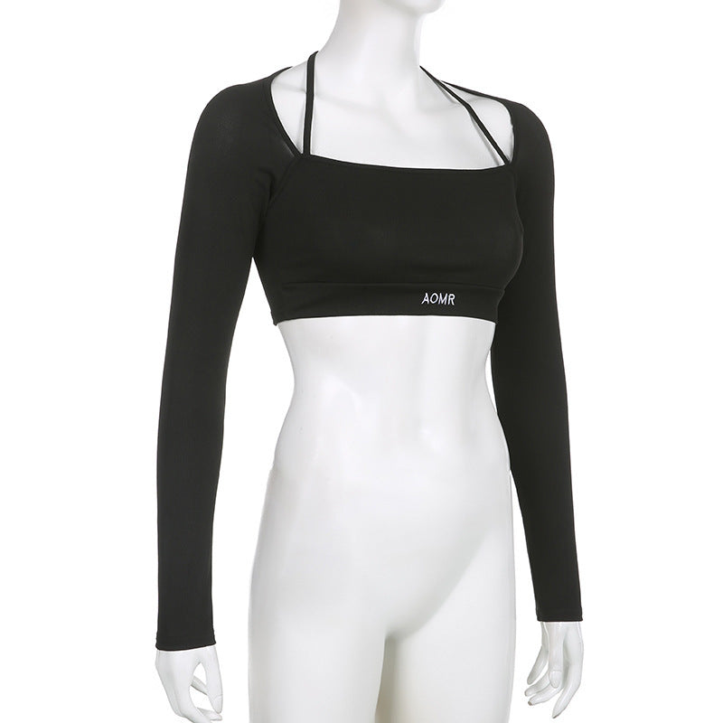 Ensemble deux pièces moulant tricoté de couleur unie avec lettres, haut court à manches longues et col rond, et leggings skinny taille haute