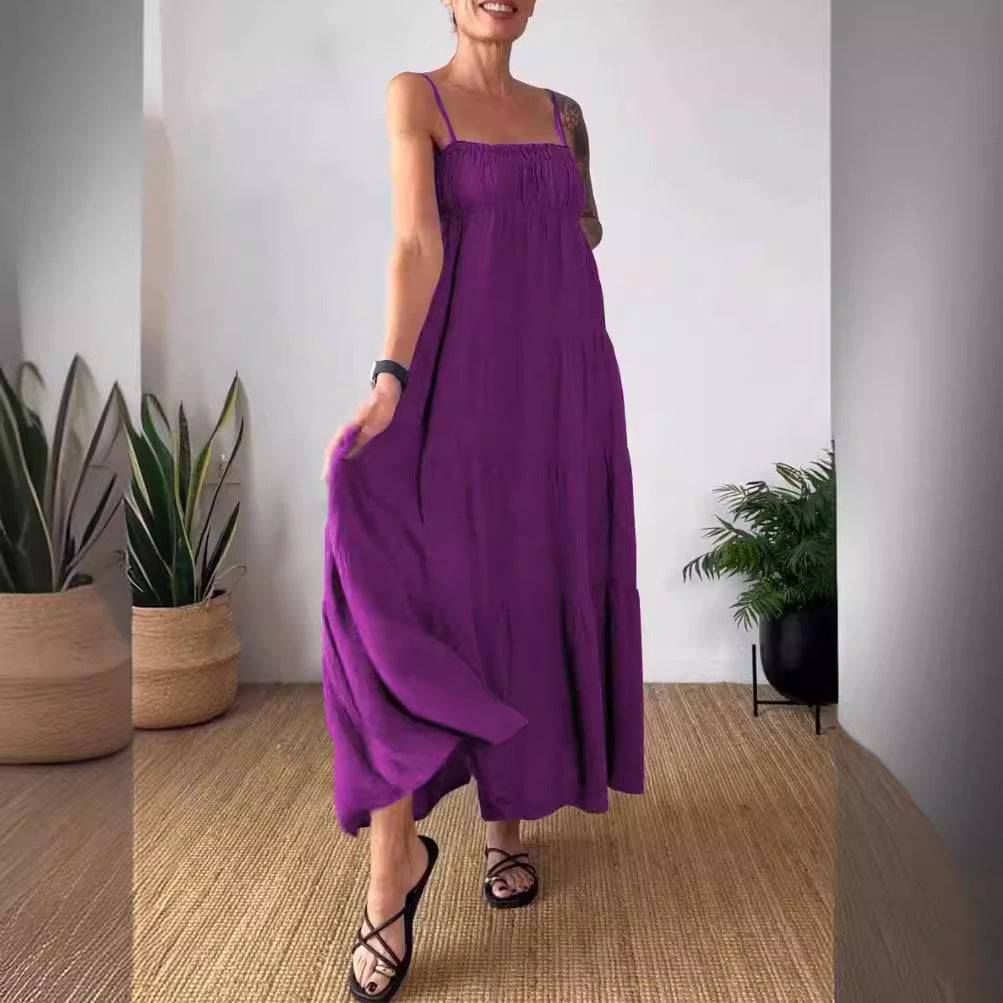 Robe plissée à bretelles et bustier unie décontractée pour femme