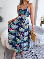 Robe longue de plage sans manches à imprimé floral et découpes pour femme