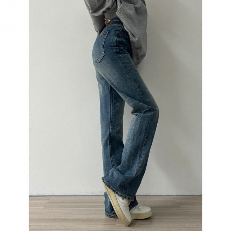 Jean évasé en denim pour femme, coupe droite ample, style rétro