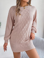 Robe Pull Femme Tricoté Torsadé Couleur Unie Manches Lanternes Resserrées