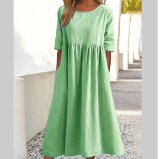 Robe décontractée en coton et lin à manches courtes et poches pour femme