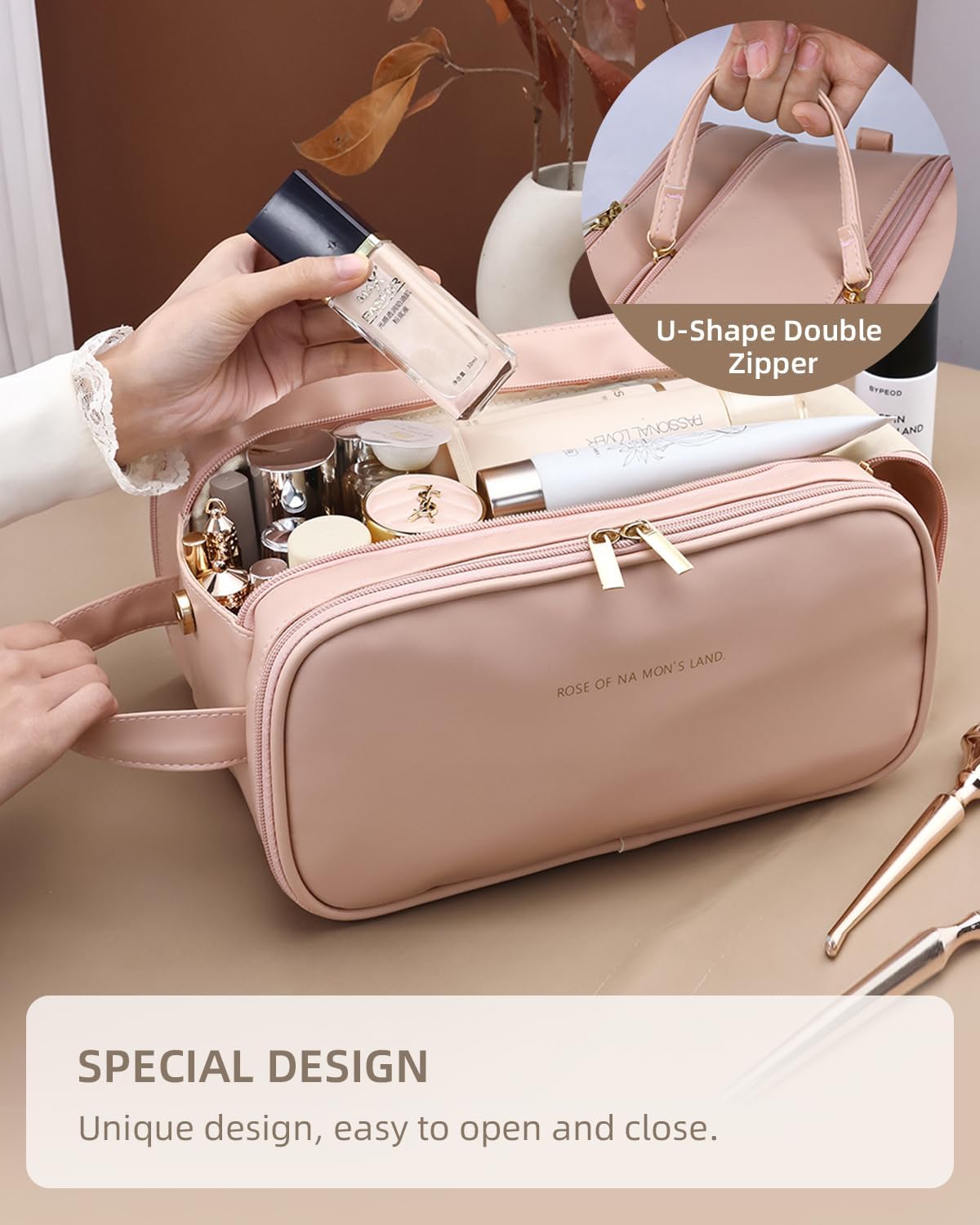 Trousse de Maquillage de Voyage pour Femmes, Organisateur de Cosmétiques Grande Capacité avec Large Ouverture, Trousse de Toilette Étanche et Portable pour un Accès Facile
