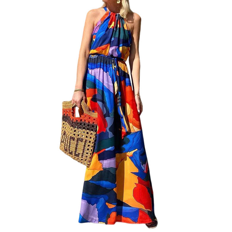 Nouvelle robe bohème imprimée dos nu pour femme