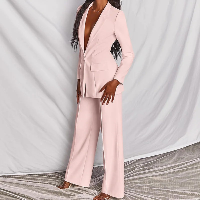 Ensemble 2 pièces décontracté blazer à revers boutonné et pantalon droit pour le bureau, les trajets quotidiens et les affaires