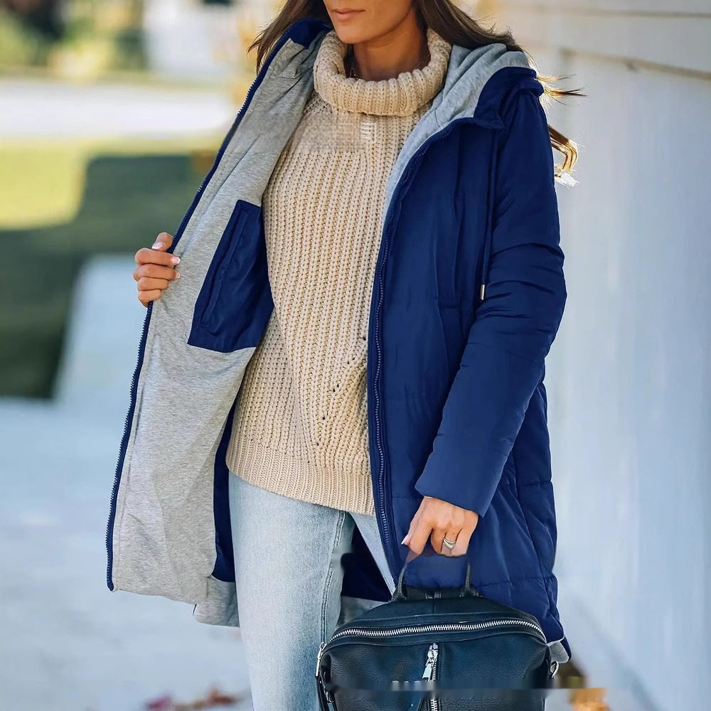 Manteau Long en Coton Uni avec Capuche et Poches pour Femme
