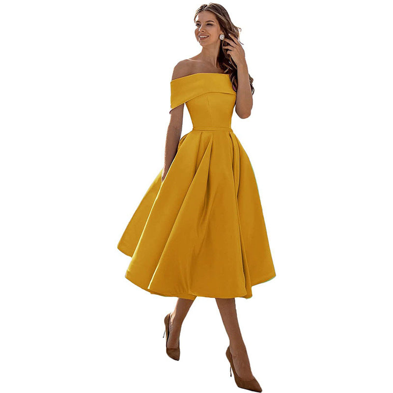 Robe de Soirée Formelle en Satin pour Femme sans Bretelles, Coupe Décontractée, Longueur Thé, Épaules Dénudées, avec Poches