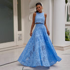 Élégance Vêtement Féminin Robe Longue sans Manches Broderie Dentelle Combinaison de Vacances Ensemble Deux Pièces