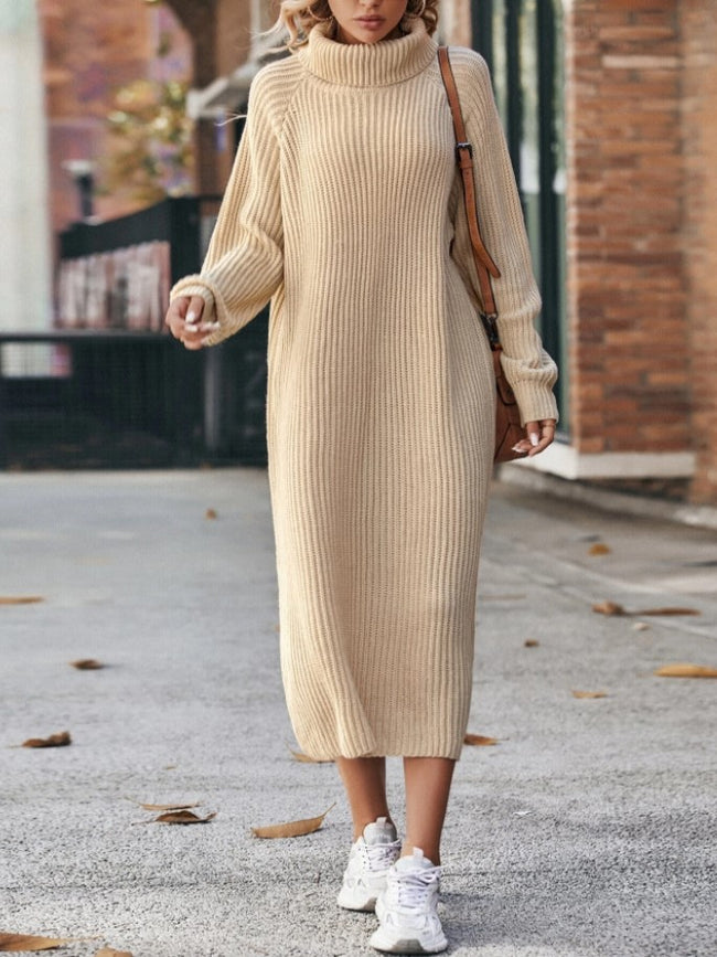 Robe Pull Col Roulé Tricoté Hiver Mode Unie Ample Pull Robes Longues Pour Femmes Vêtements Main Image