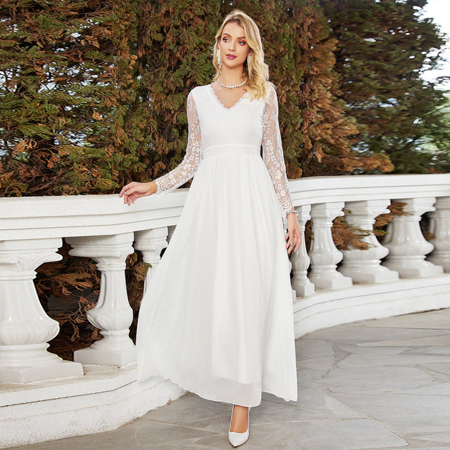 Slim White Wedding Lace V-neck Fashion Dress Hover Image