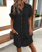 Robe chemise d'été à manches courtes, mode, couleur unie, boutonnage simple, longueur moyenne, ample
