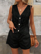 Ensemble short décontracté femme, gilet uni col V et boutonnage