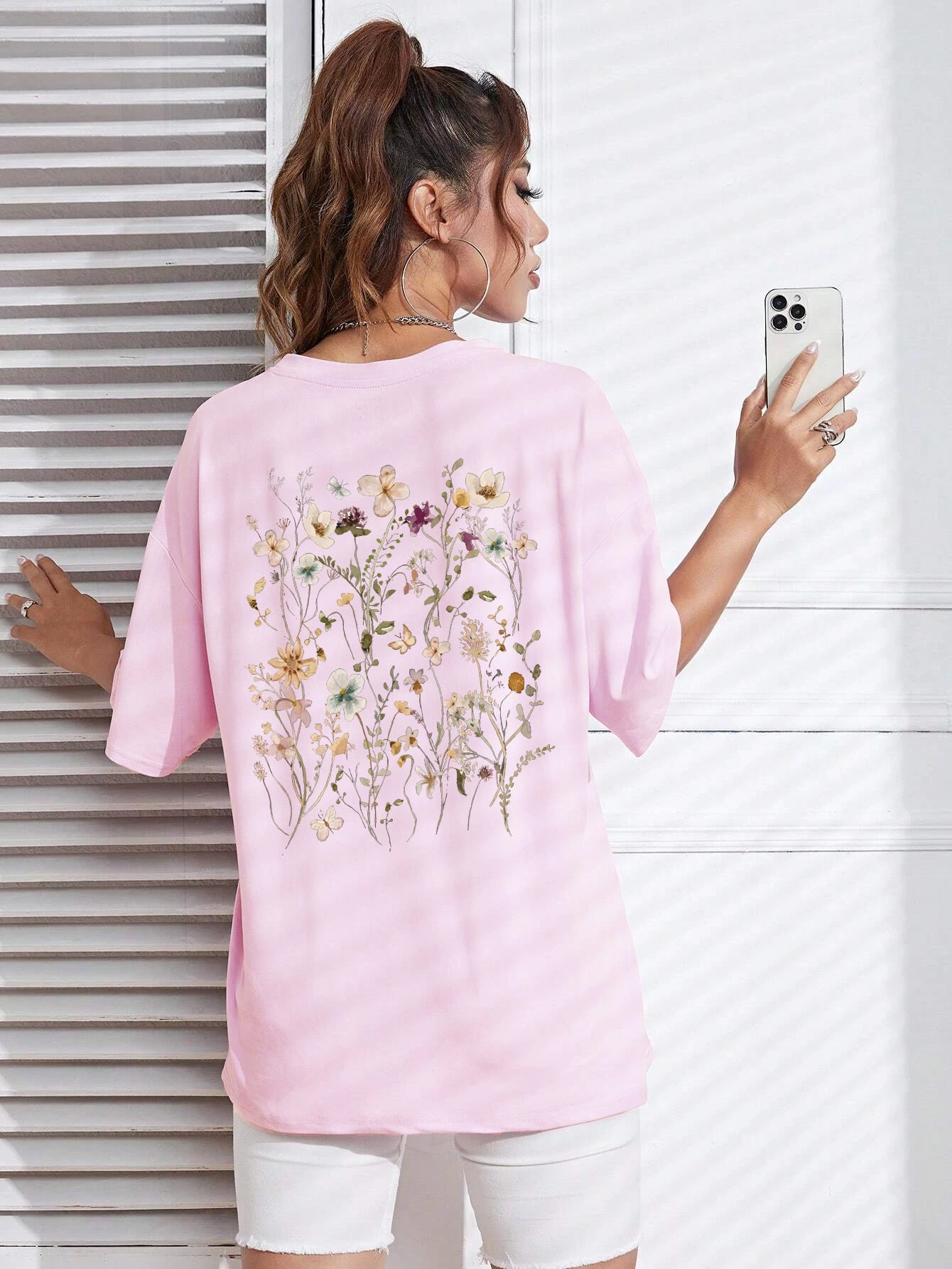 T-shirts décontractés en coton imprimés grappes de fleurs pour femmes