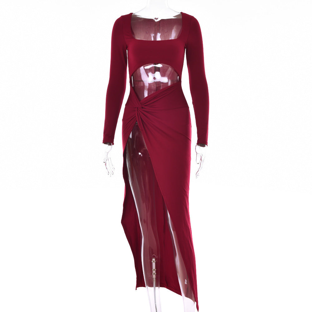 Robe longue à manches longues pour femmes, mode, col en U creux, robe de soirée de mariage fendue