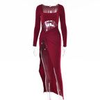 Robe longue à manches longues pour femmes, mode, col en U creux, robe de soirée de mariage fendue