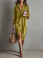 Robe Décontractée Chic à Col Rabattu et Boutons, Robe de Soirée Simple Unie pour Femmes Printemps Automne, Robe Longue à Manches pour Dames en Vacances