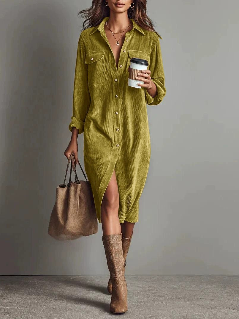 Robe Décontractée Chic à Col Rabattu et Boutons, Robe de Soirée Simple Unie pour Femmes Printemps Automne, Robe Longue à Manches pour Dames en Vacances