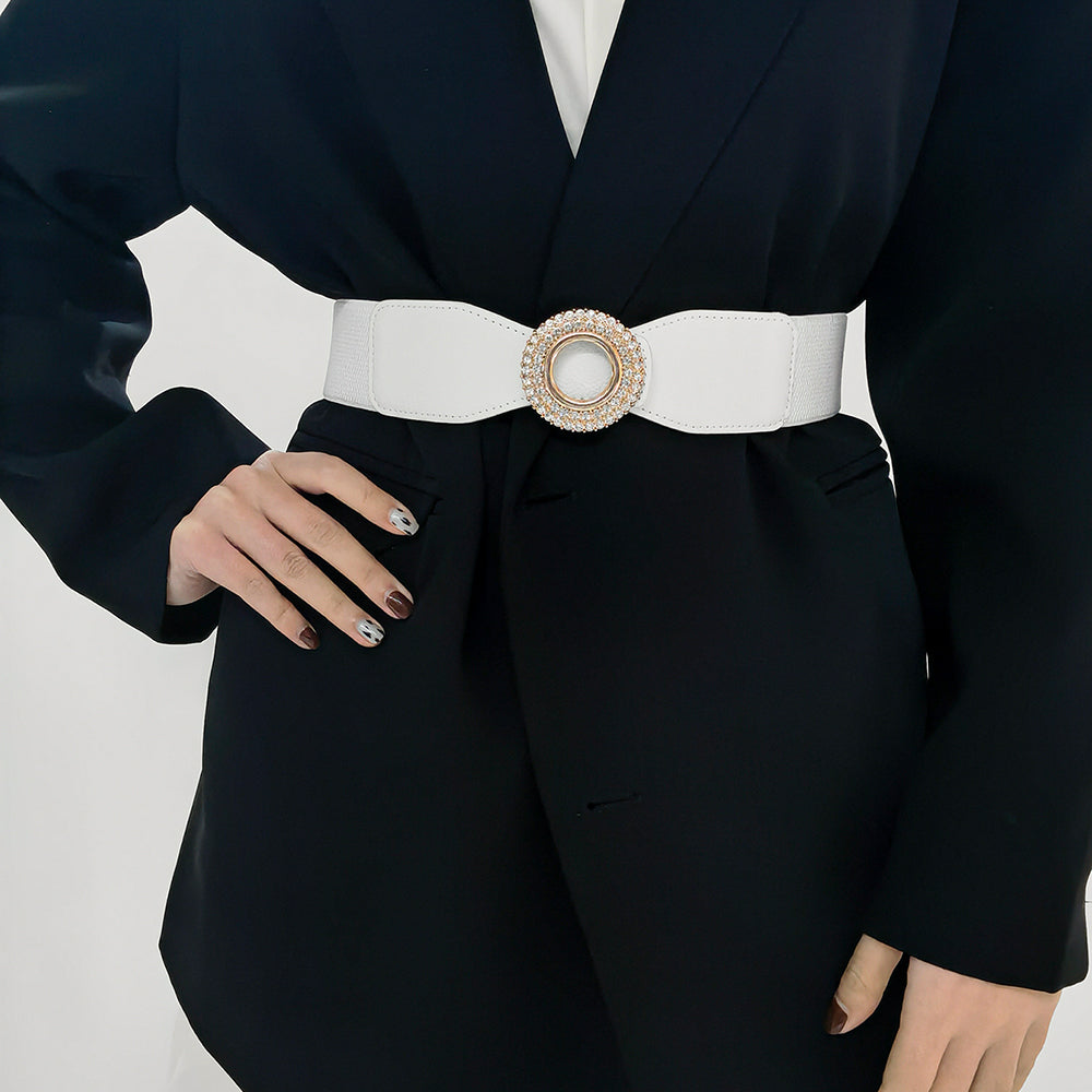 Nouvelle ceinture élastique incrustée de diamants et de strass pour femmes, ceinture de costume à boucle ronde simple pour jupe et chemise