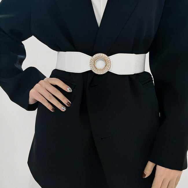 Nouvelle ceinture élastique incrustée de diamants et de strass pour femmes, ceinture de costume à boucle ronde simple pour jupe et chemise Main Image