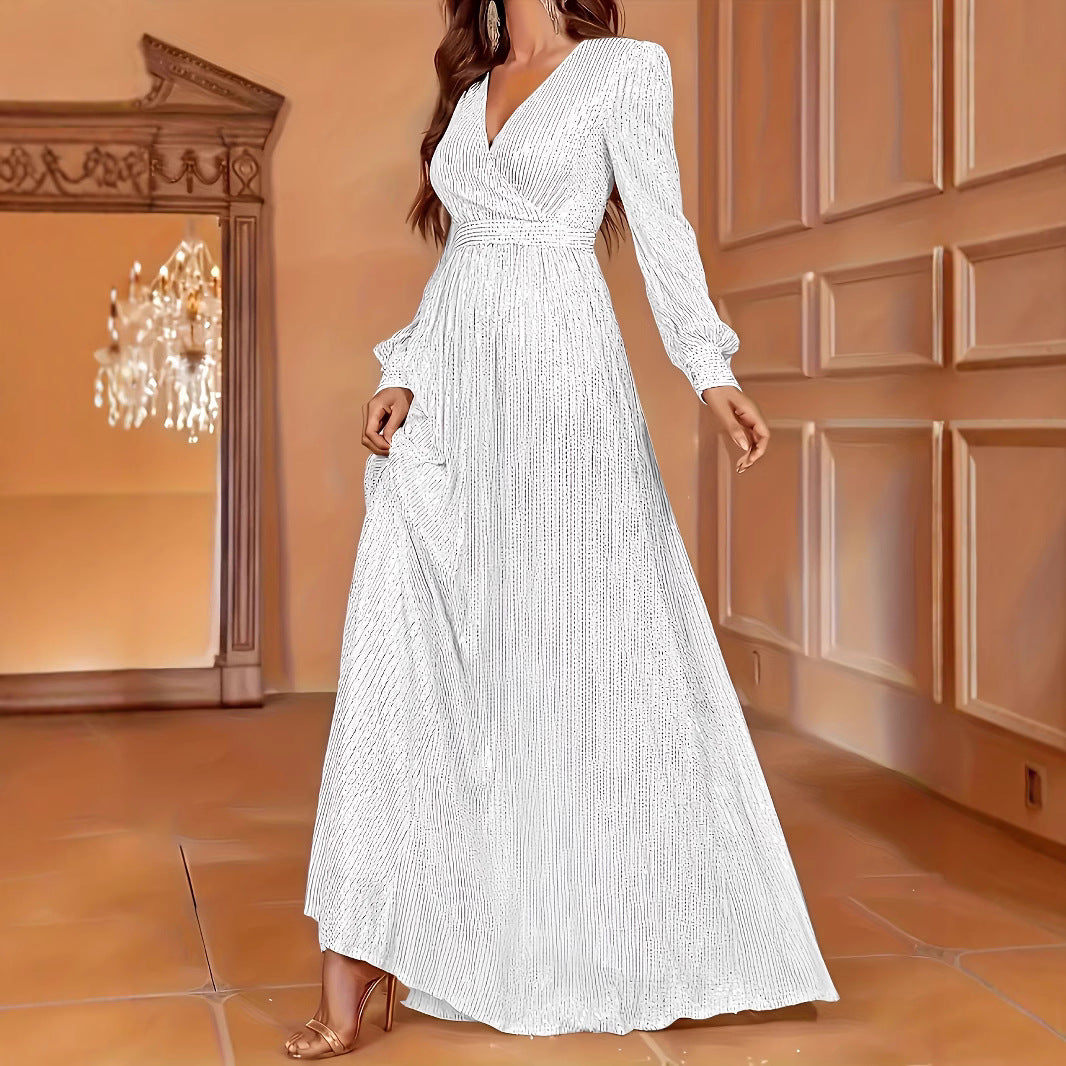 Robe de soirée élégante à sequins, manches longues, col en V et taille haute