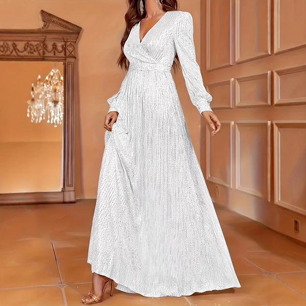 Robe de soirée élégante à sequins, manches longues, col en V et taille haute