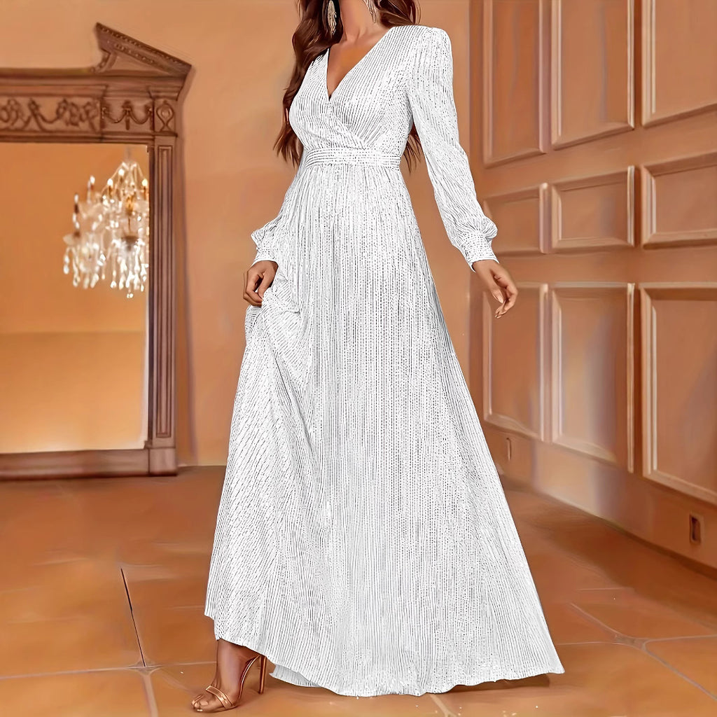 Robe de soirée élégante à sequins, manches longues, col en V et taille haute