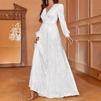 Robe de soirée élégante à sequins, manches longues, col en V et taille haute