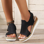 Nouvelles sandales d'été compensées creuses Chaussures en maille respirante tissées mouches pour femmes Sandales à bout ouvert