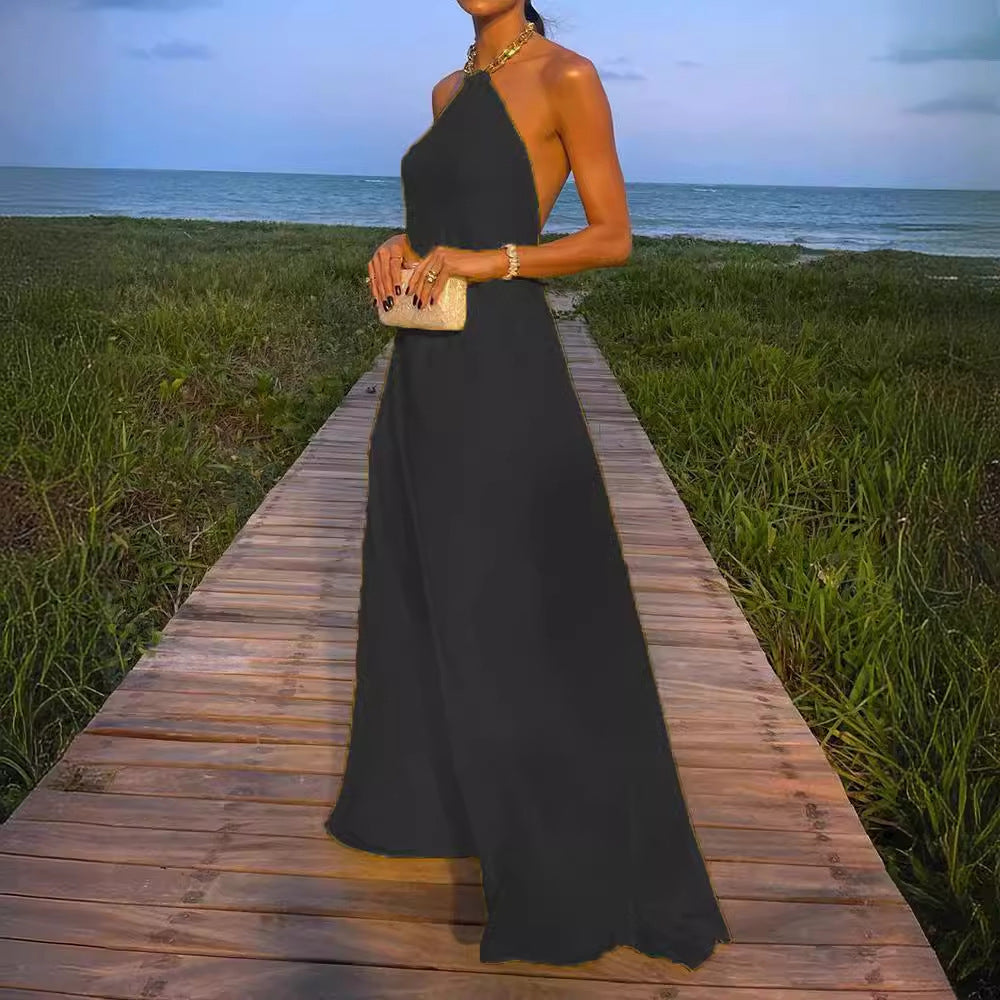 Robe longue dos nu sexy unie à grand décolleté licou
