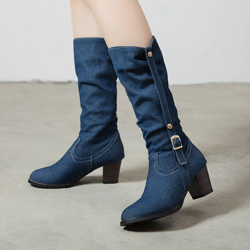 Bottes hautes à talons hauts en jean pour femmes