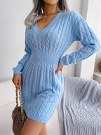 Robe en tricot à manches longues et col en V de couleur unie, style mode, cintrée, robe de hanche, vêtements pour femmes