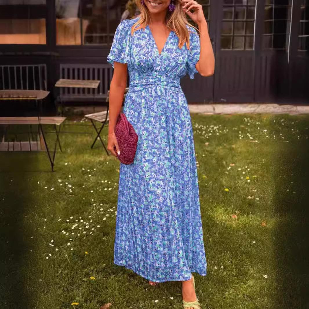 Robe imprimée à col en V, taille ajustée