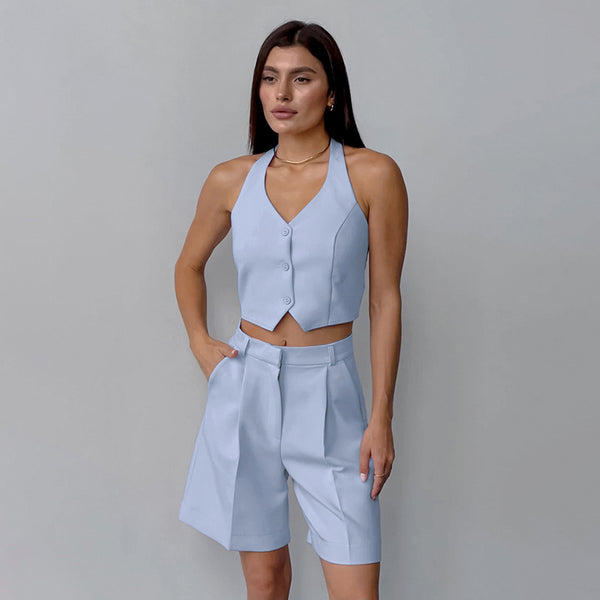 Ensemble deux pièces gilet décontracté ample et short large, couleur bleue, design tendance, vente en gros