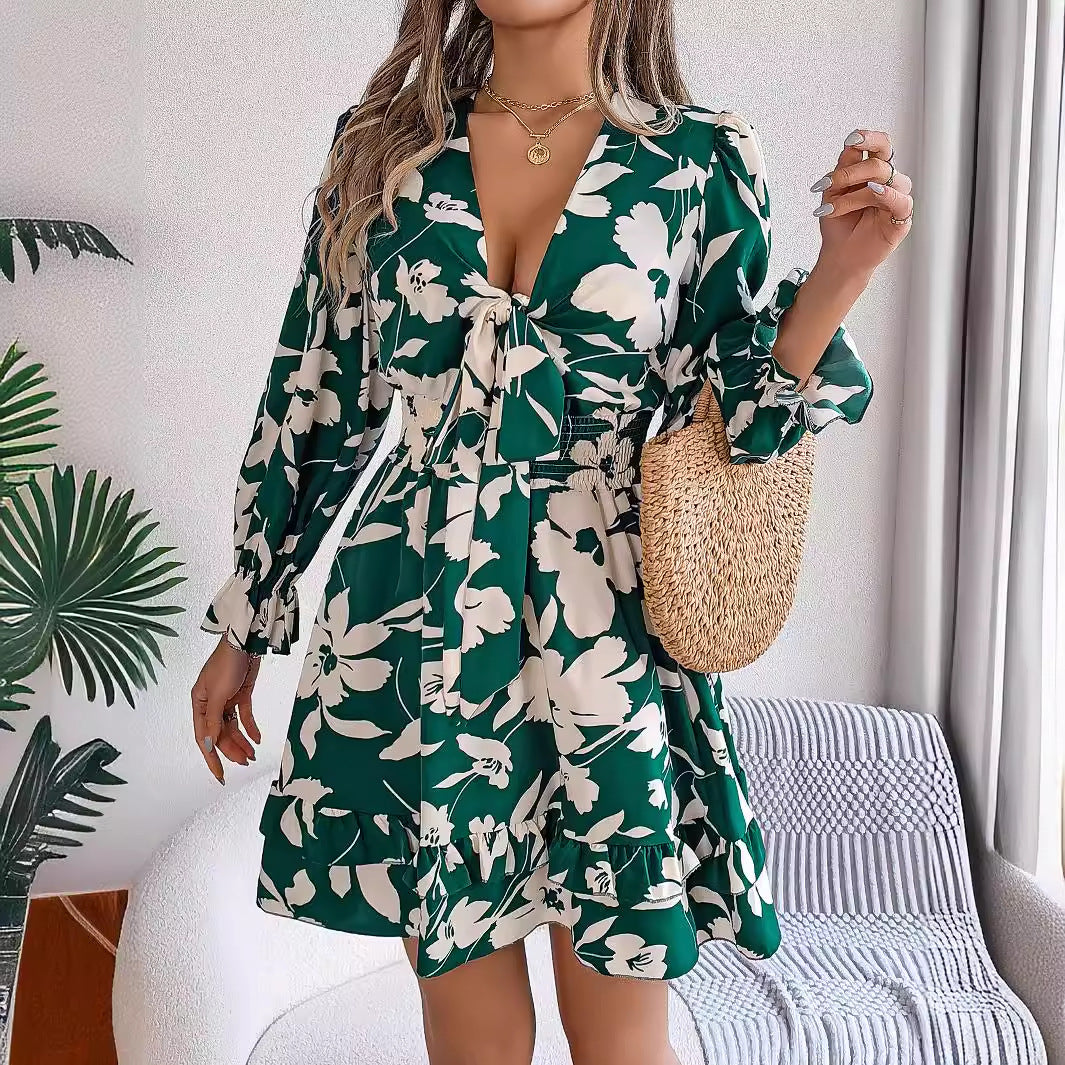 Nouvelle robe courte à manches longues et col en V avec imprimé floral, volants, nœud papillon et coupe trapèze pour femme.