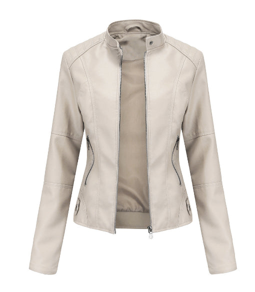 Vestes en cuir zippées pour femmes Mode couleur unie Poches Col montant Vêtements d'extérieur