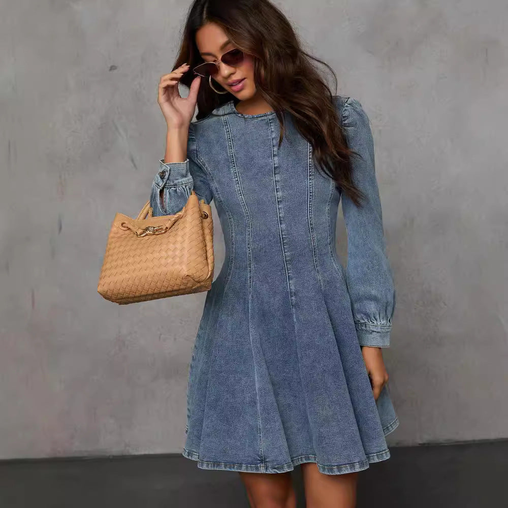 Robe longue en jean à manches longues pour femmes, coupe cintrée, patchwork élégant