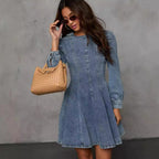 Robe longue en jean à manches longues pour femmes, coupe cintrée, patchwork élégant