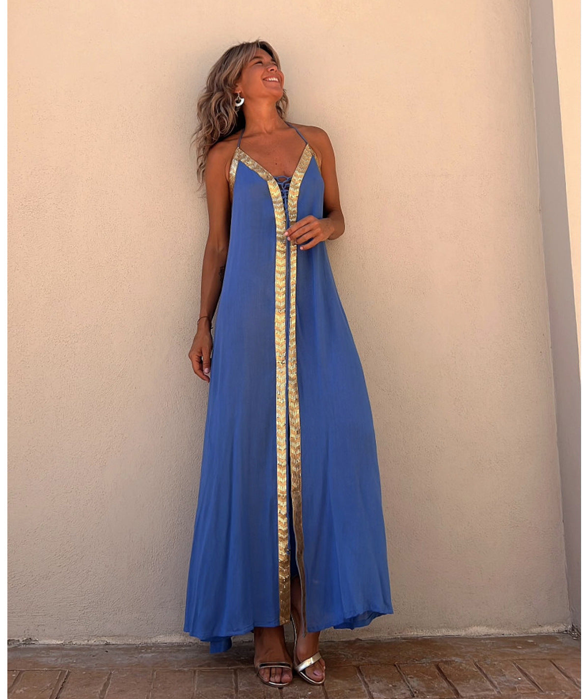 Robe d'été décontractée ample à grand volant avec liens et dos nu, style européen et américain