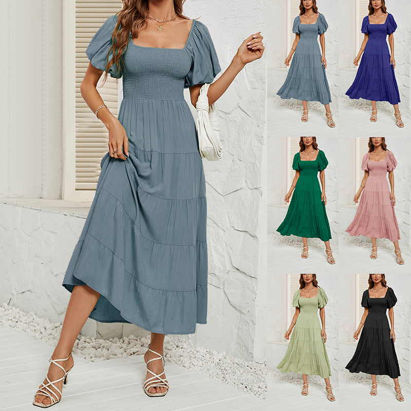 Robe d'été à col carré et dos nu, manches bouffantes, pour femmes
