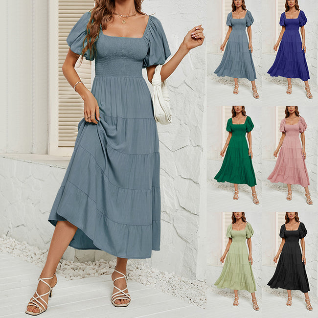 Robe d'été à col carré et dos nu, manches bouffantes, pour femmes Hover Image