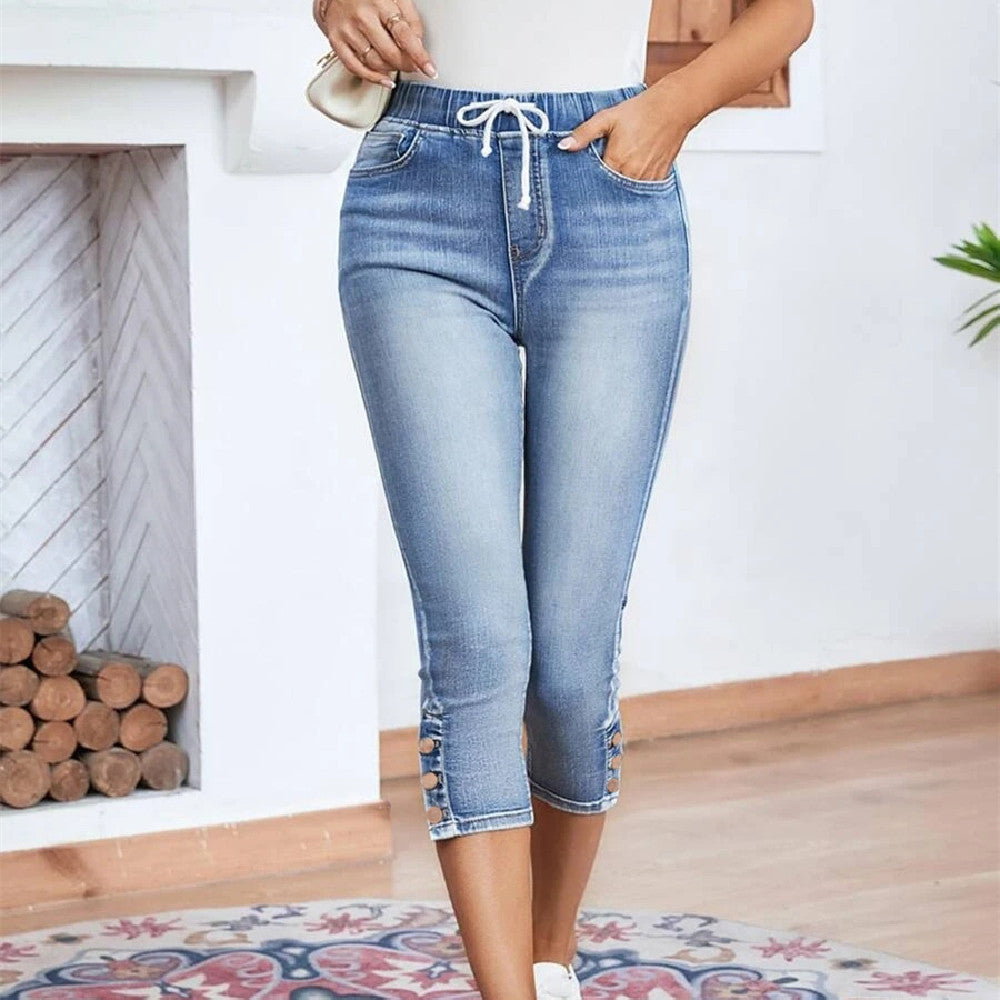 Jeans stretch femme à lacets et taille élastique