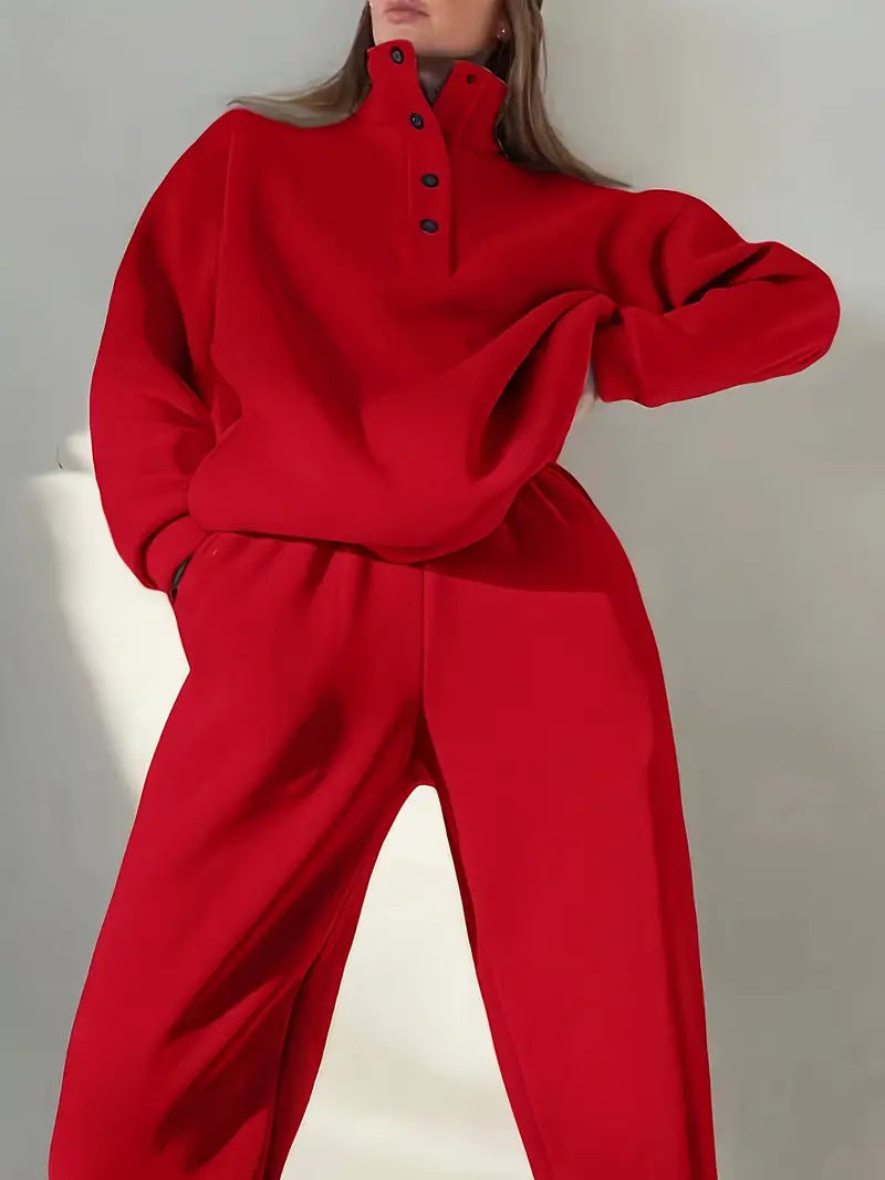 Ensemble deux pièces tailleur à col montant boutonné pour femmes