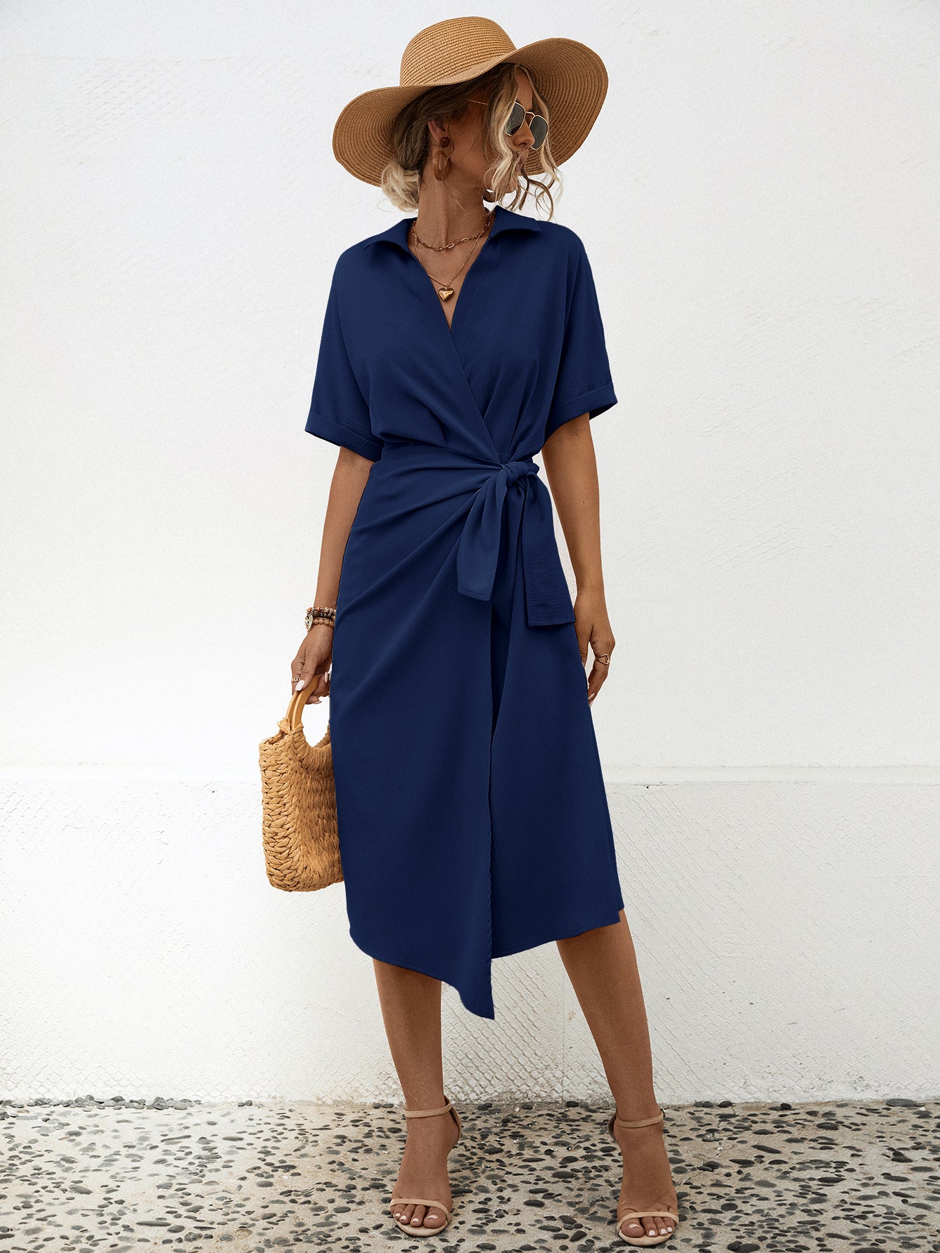 Robe courte à manches courtes pour femme, coupe ventre