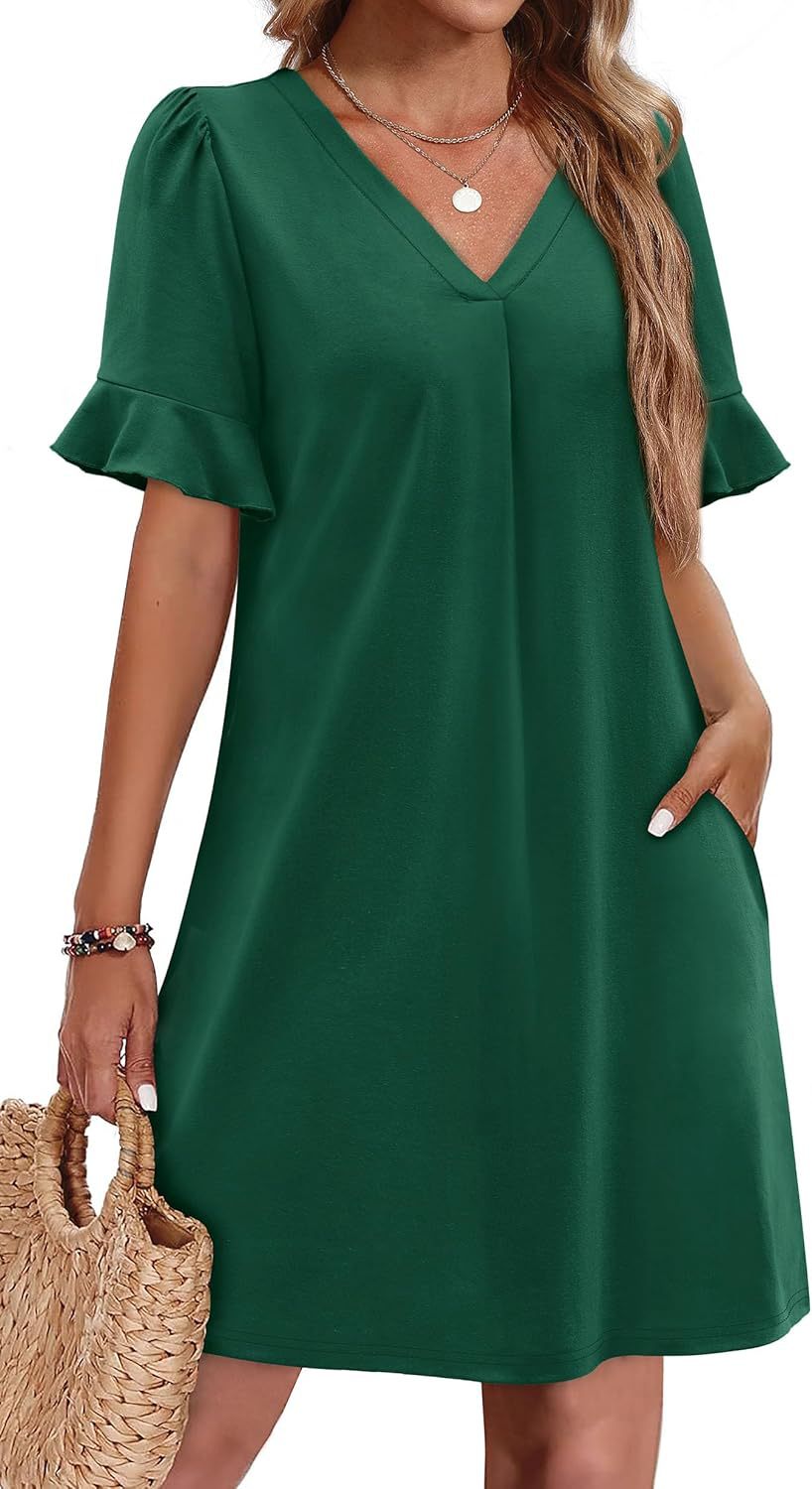 Robe élégante à col en V à volants pour femme avec poches