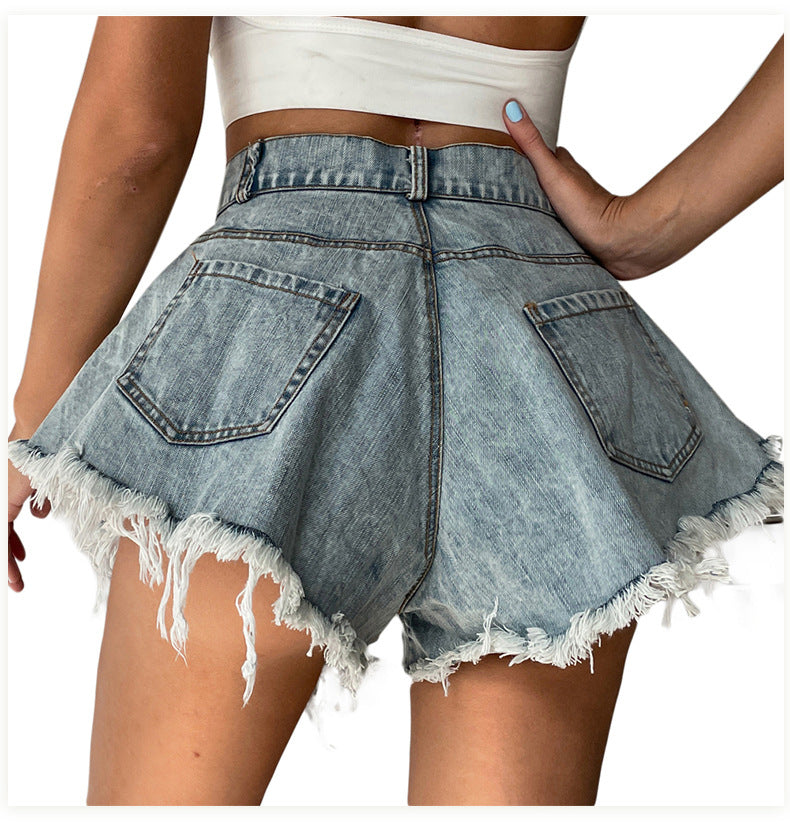 Short en jean taille haute ample à pampilles pour femmes