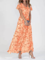 Robe courte à imprimé floral manches courtes Mode d'été Robes de plage à volants Vêtements pour femmes
