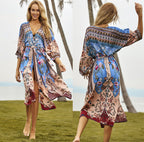 Rayon Watermark Printed Beach Cover-up Cardigan Long Dress